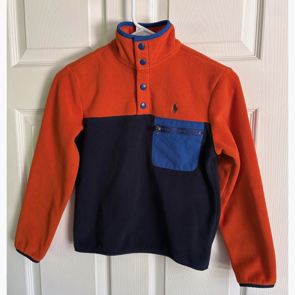 Polo Ralph Lauren Fleece Pullover Size 8 Orange Navy Blue Colorblock Snap Neck